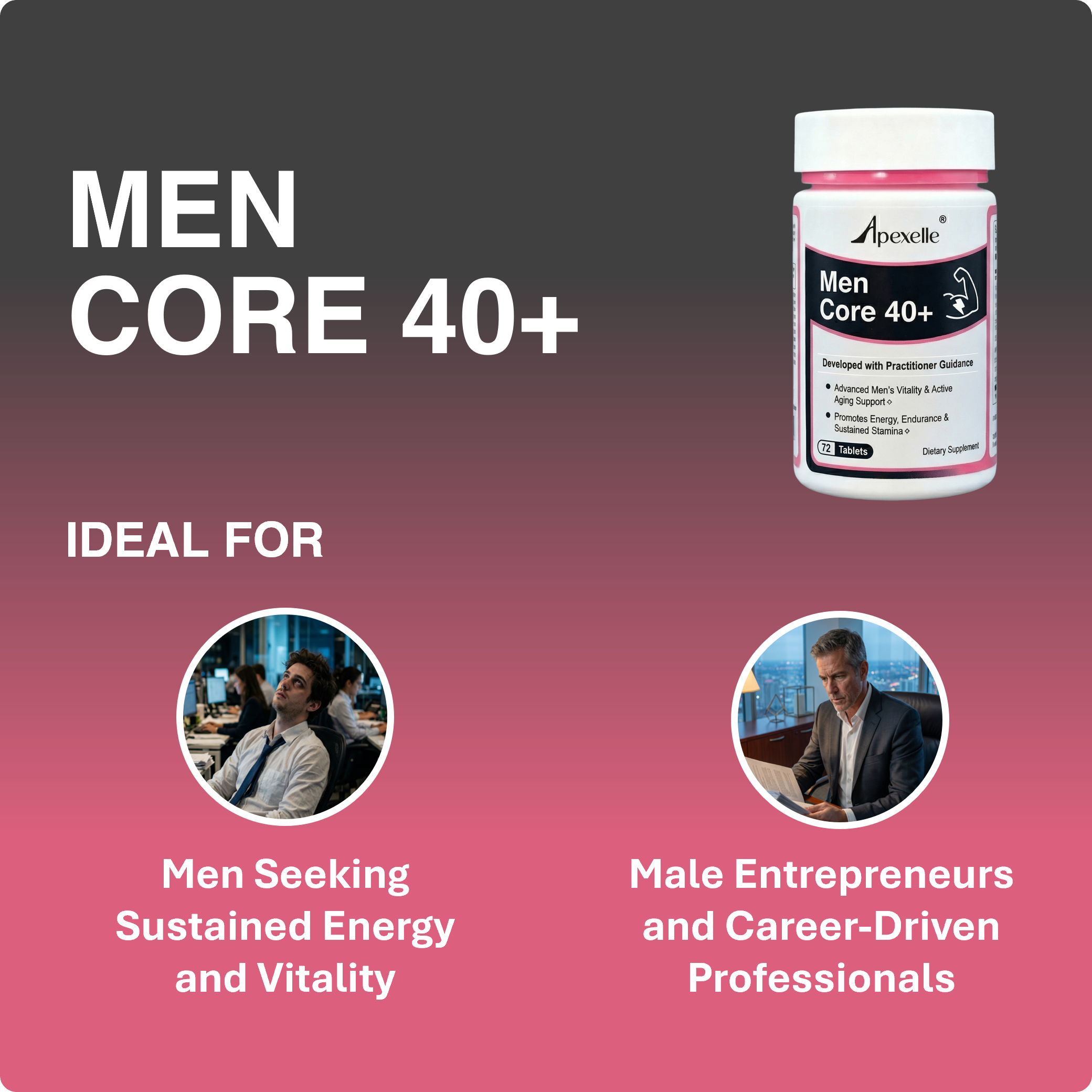 Men Core 40+, daily support for men’s vitality, energy, performance, and healthy aging with functional nutrients and botanical herbs