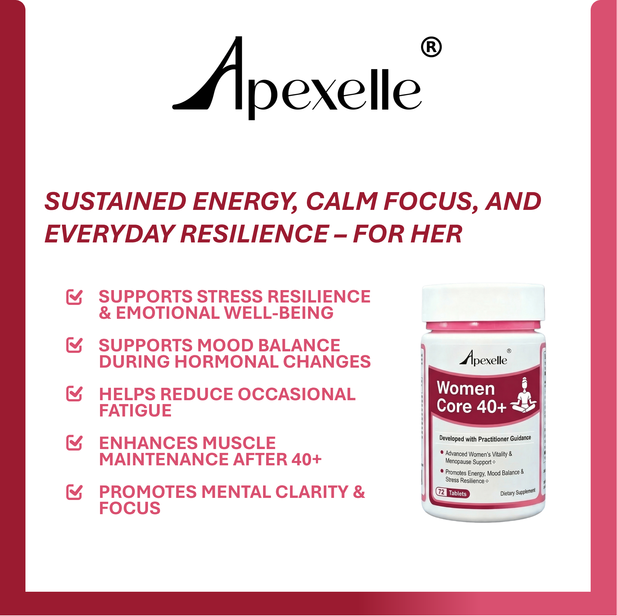 Women Core 40+, optimization for women’s vitality, energy, resilience, and healthy aging with functional nutrients and botanical herbs